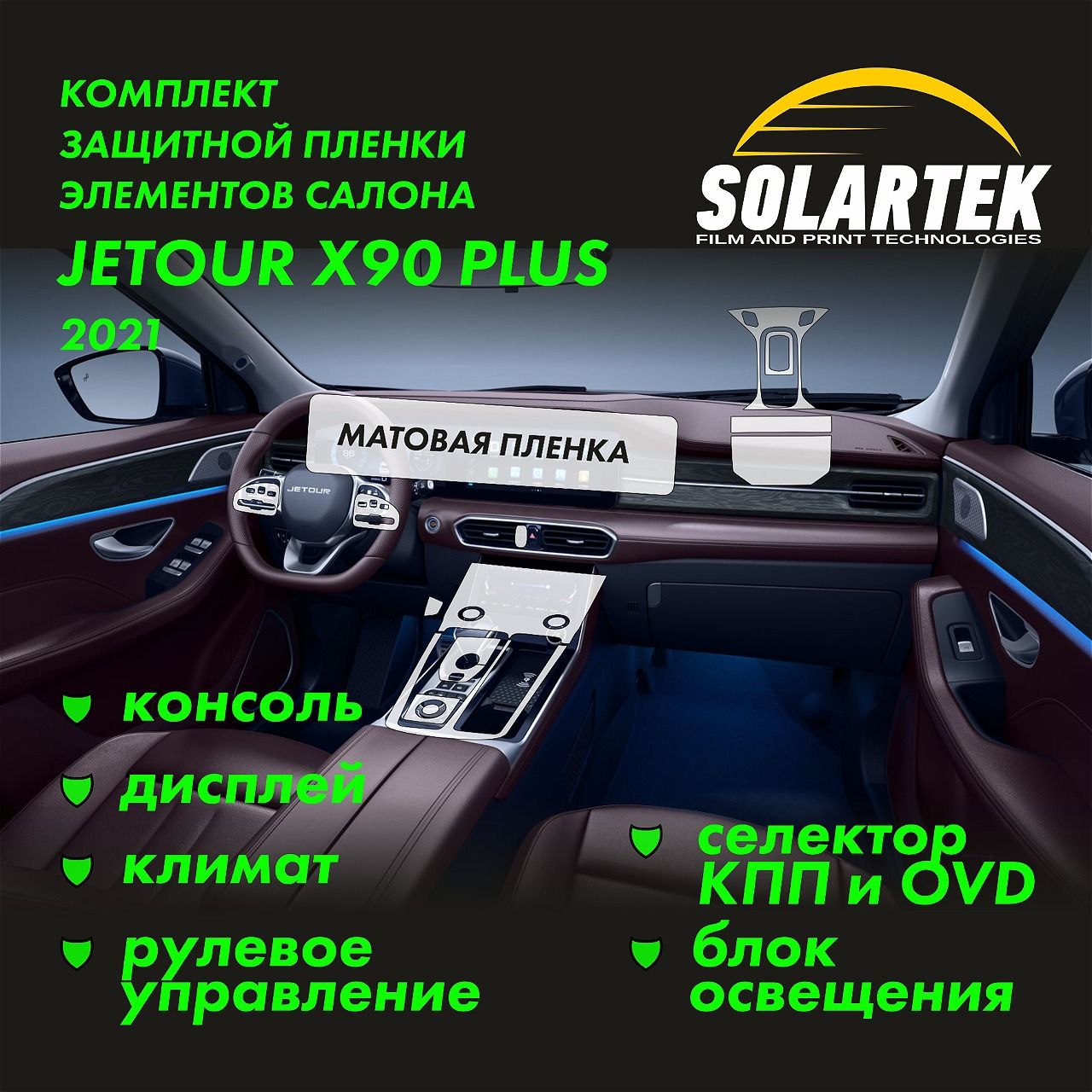 JETOUR X90 2021 Комплект защитных матовых пленок на дисплей, климат, консоль, селектор кпп, блок освещения и рулевое управление