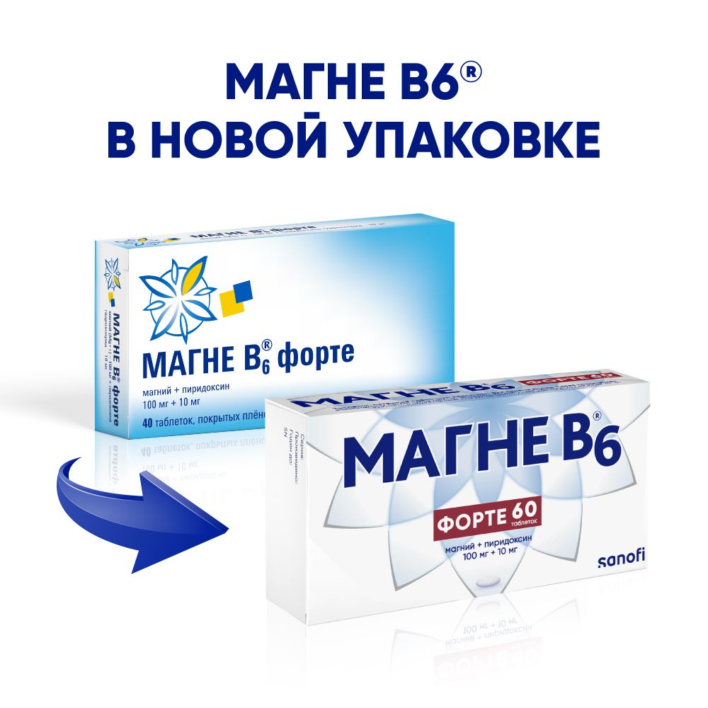 МагнеВ6форте-таблетки60шт.,придефицитемагнияивитаминаB6