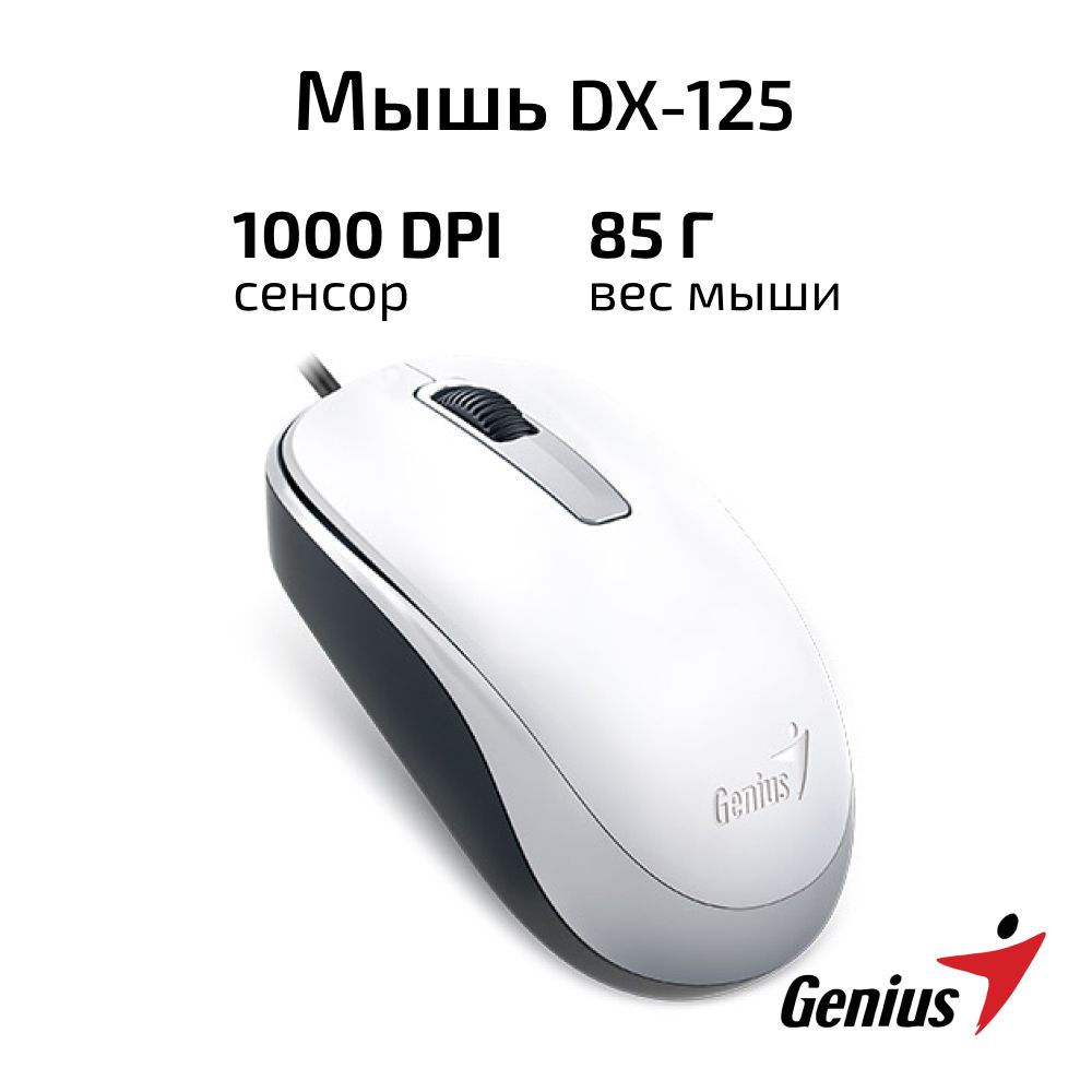 МышькомпьютернаяпроводнаяGeniusDX-125/Мышкадлякомпьютера,ПК,ноутбука/белая/симметричная/USB/1000dpi