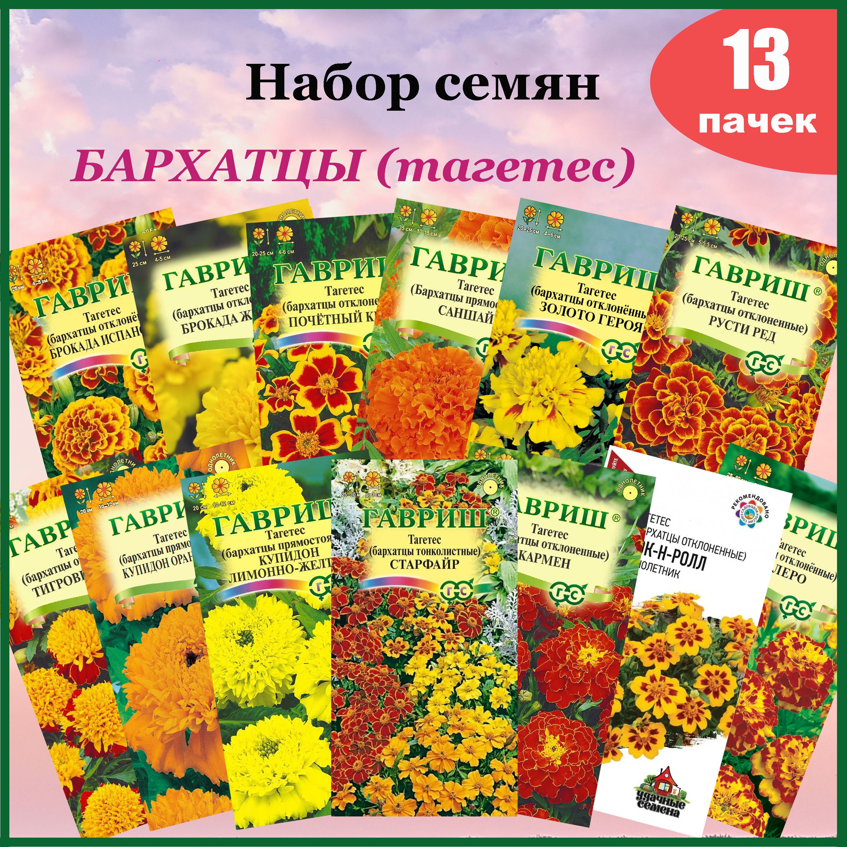 Семена Бархатцы (Тагетесы). Набор №1 (Гавриш) 13 пакетов