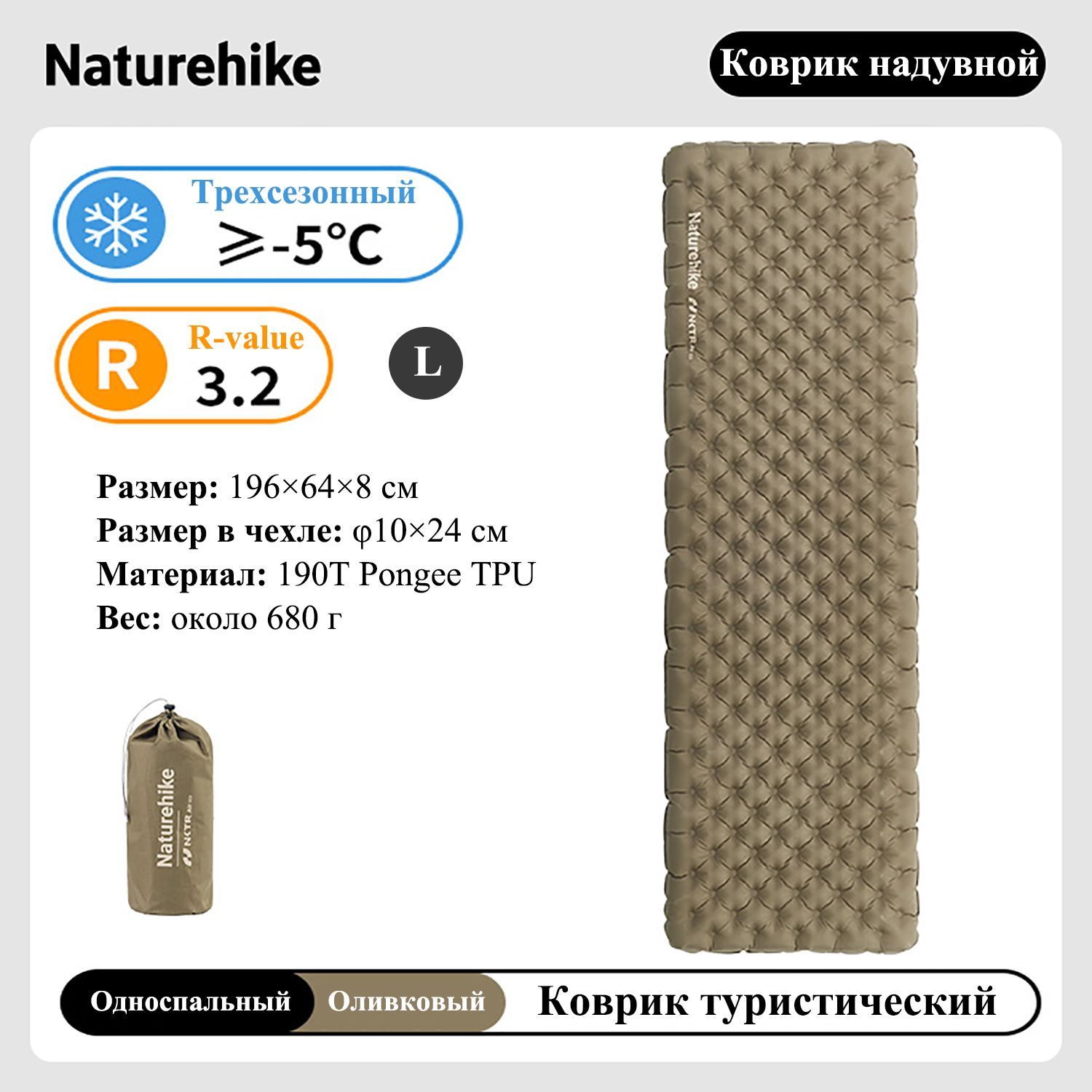 Коврик надувной туристический ультралегкий Naturehike R-value 3.2, без надувного мешка