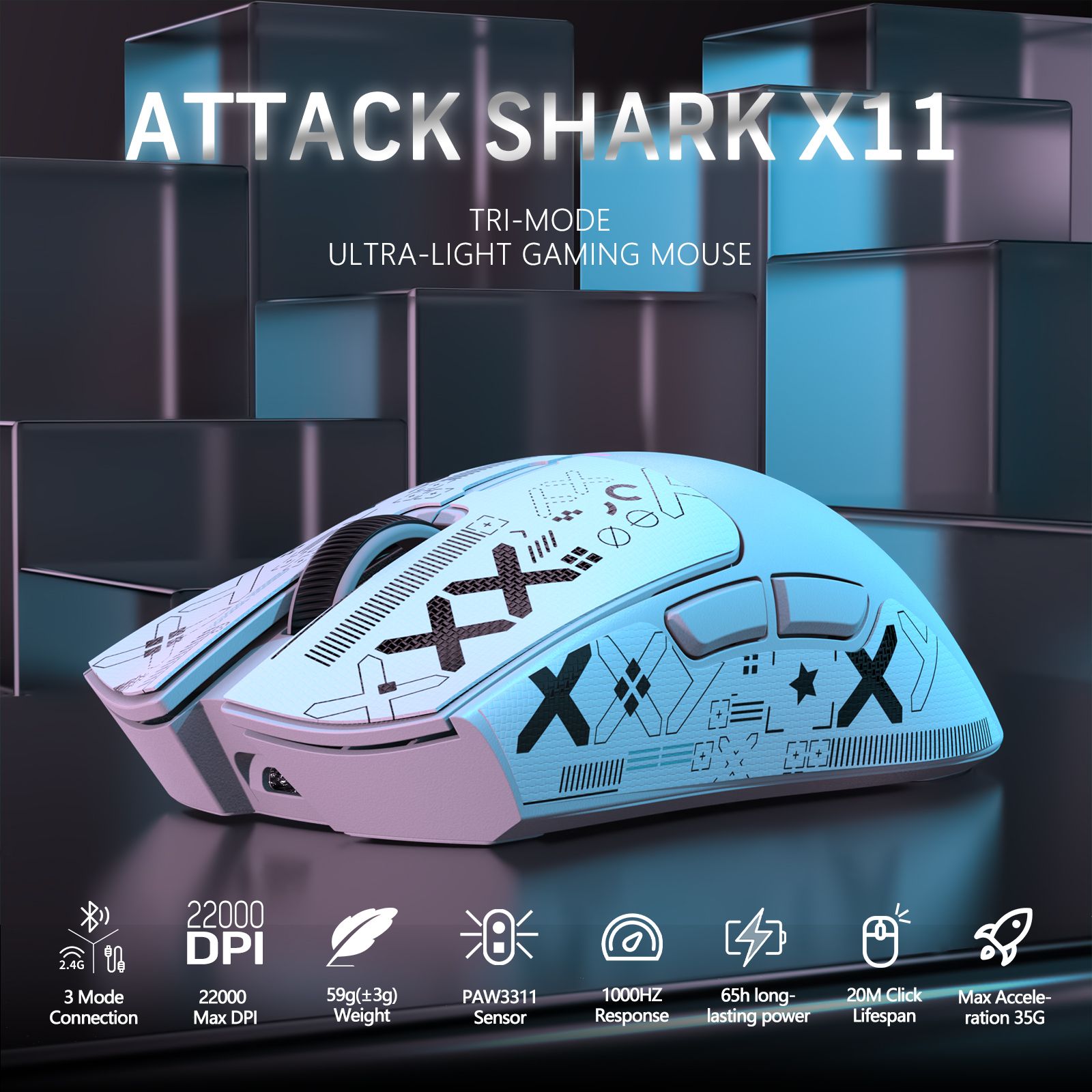 ATTACKSHARKИгроваямышьбеспроводнаяX11Беспроводнаясмагнитнойзаряднойдок-станциейRGB,белый,черныйматовый