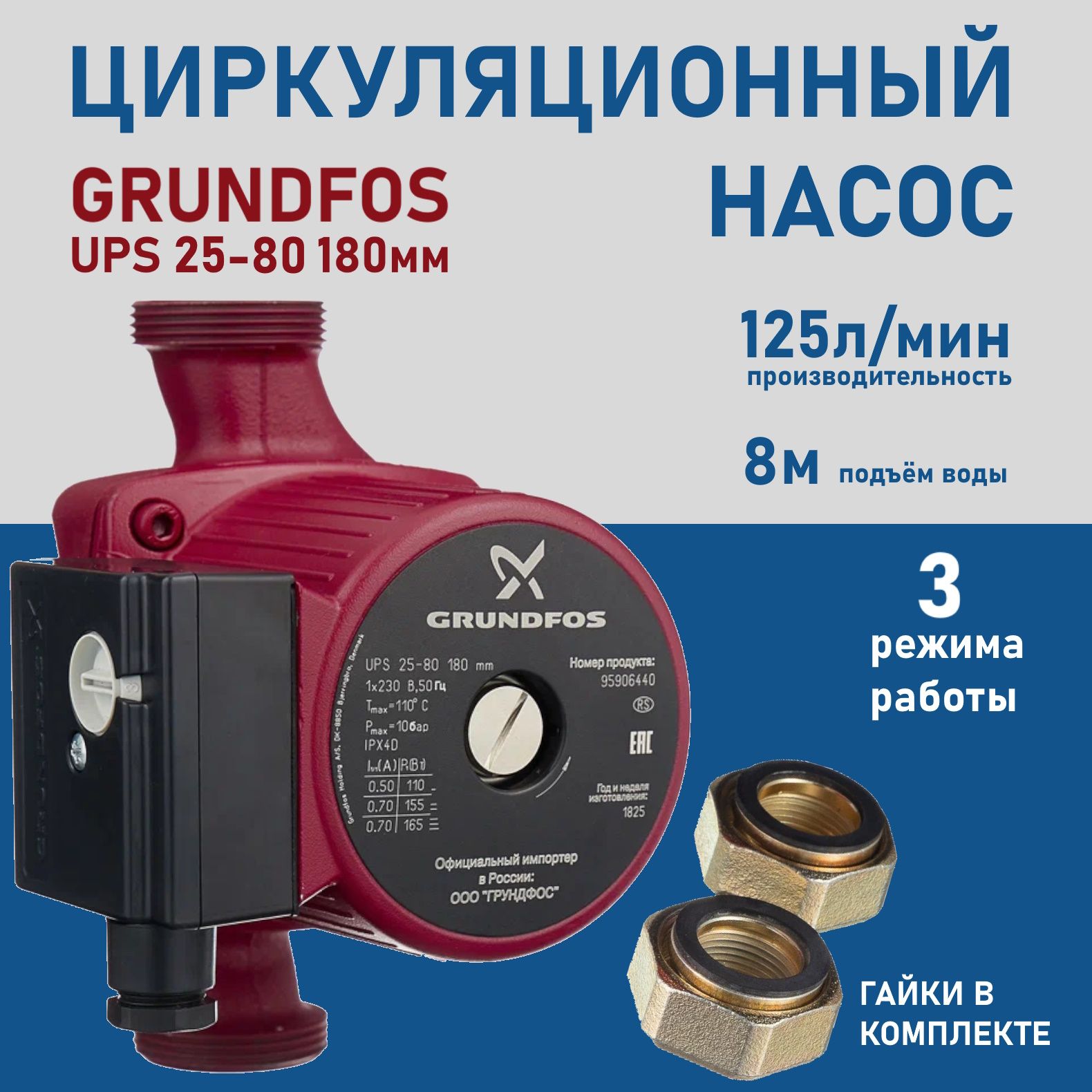 Насос Циркуляционный GRUNDFOS UPS 25-80 180мм с гайками