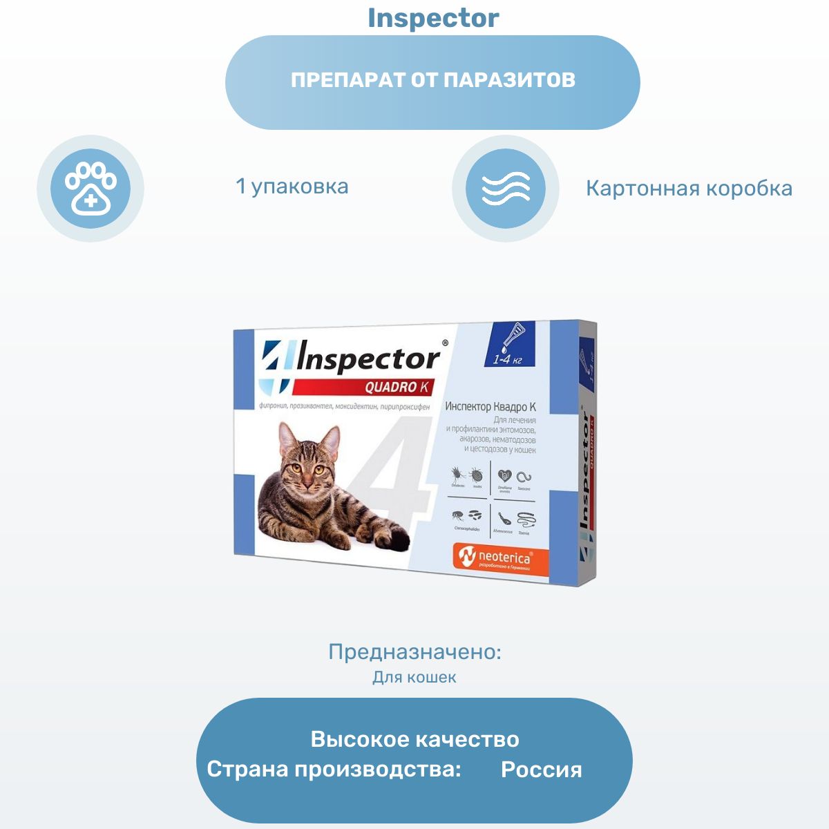 Препарат от паразитов Inspector Quadro капли для кошек 1-4 кг, от внешних и внутренних паразитов, 1 пипетка