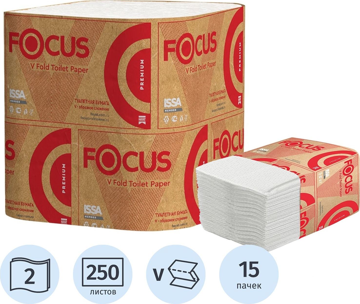 Бумага туалетная листовая Focus Premium T3 2-слойная белая 15 пачек по 250 листов (5083735)