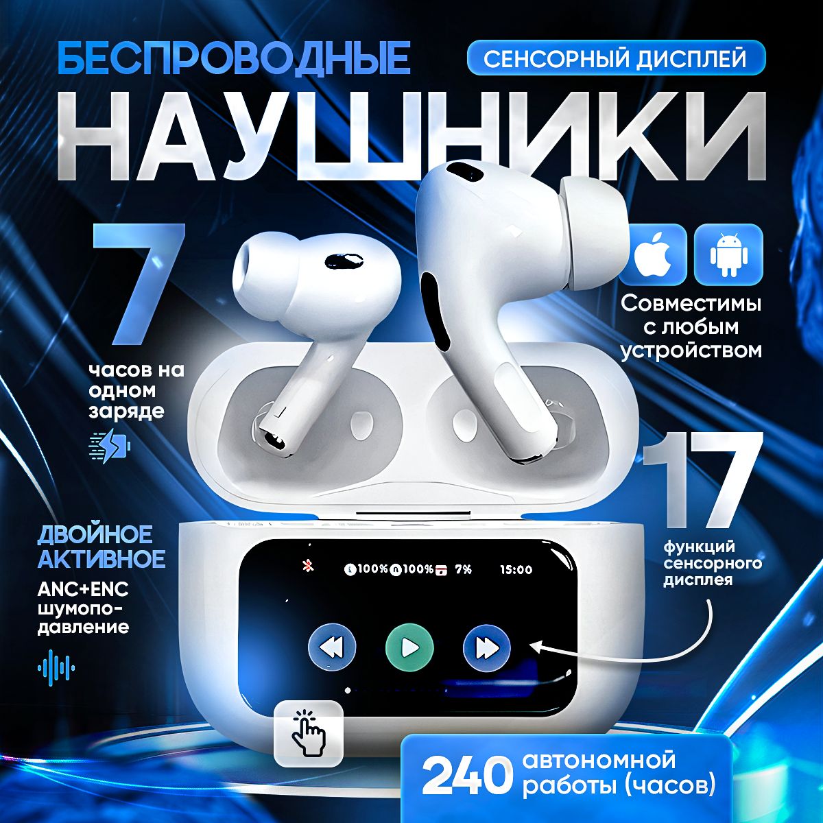 БеспроводныенаушникиAirPodsPRO2сдисплеем(A10PRO2)сдвойнымактивнымшумоподавлениемANC+ENC,сенсорные