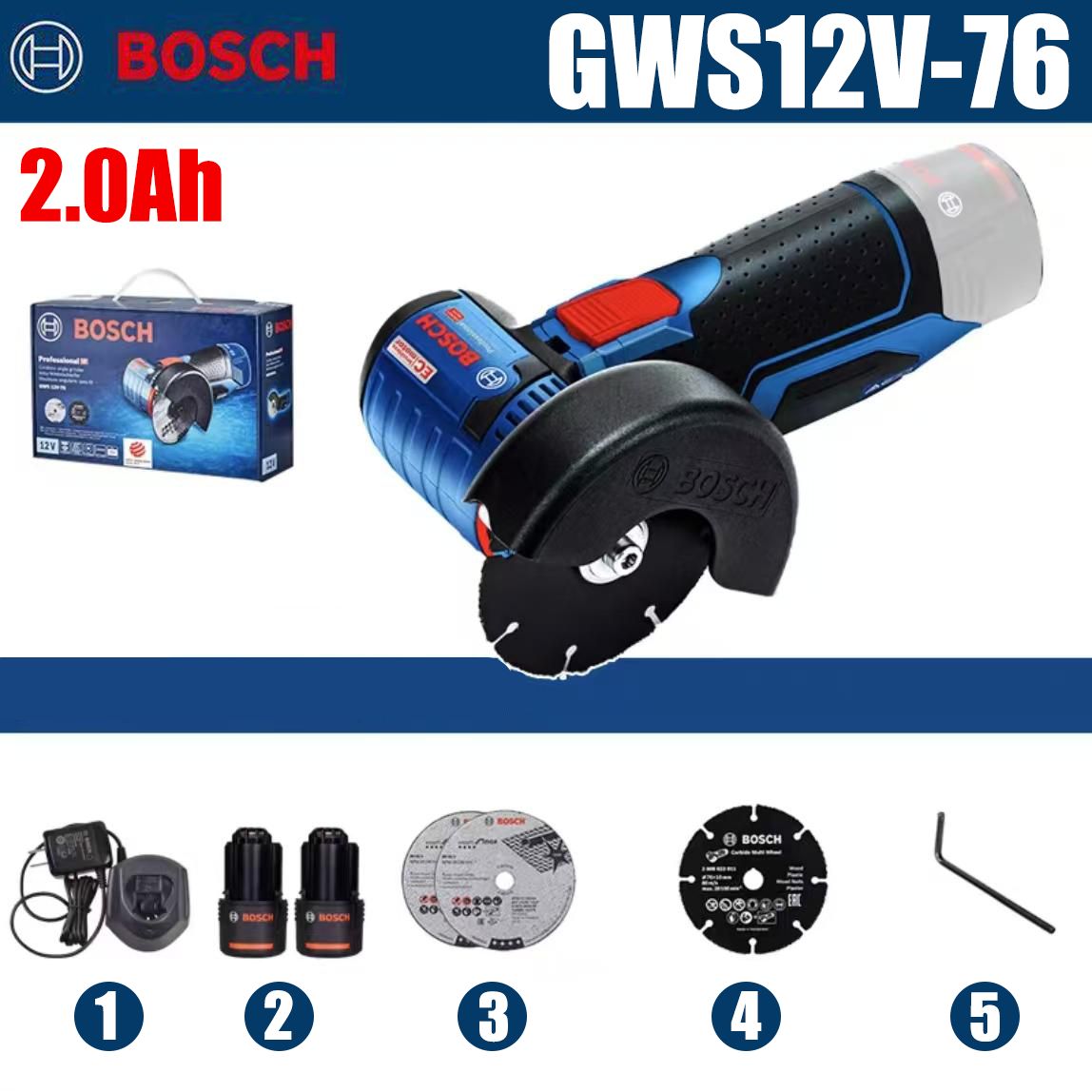 BoschGWS12V-76,2x2,0Ahаккумуляторизарядноеустройство,бесщеточныйдвигатель.