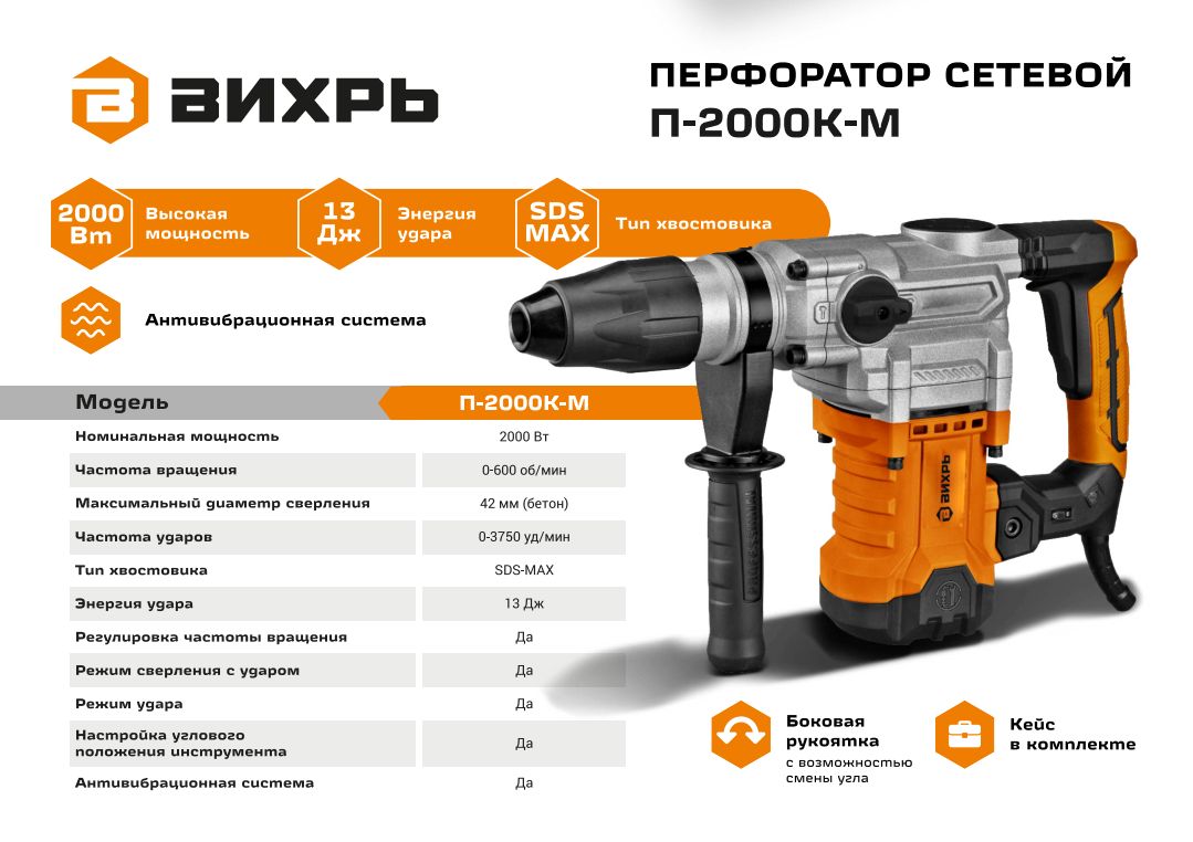 Перфоратор П-2000К-М SDS-Max Вихрь