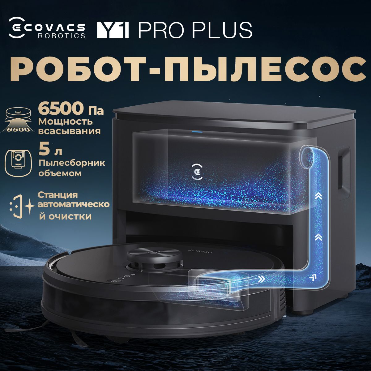 Робот пылесос с влажной и сухой уборкой cо станцией самоочистки ECOVACS DEEBOT Y1 Pro Plus для влажной уборки дома ,6500 па,черный