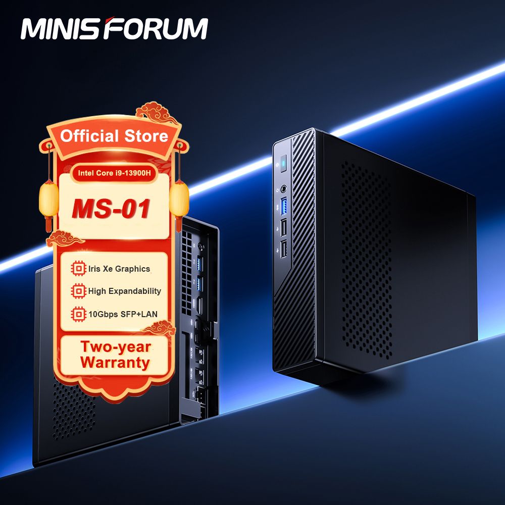 MINISFORUM Мини-ПК MS-01 (Intel Core i9-13900H, RAM 32 ГБ, SSD 1000 ГБ, Intel Iris Xe Graphics, Windows 11 Home), серебристый