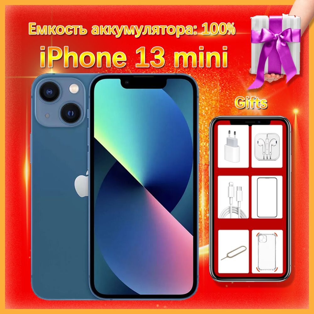 AppleСмартфонiPhone13miniоригинальный,Емкостьаккумулятора:100%,гарантия1годкачествогарантировано,запечатановкоробке,предоставляетсябесплатно,версия:CN,USA4/128ГБ,синий