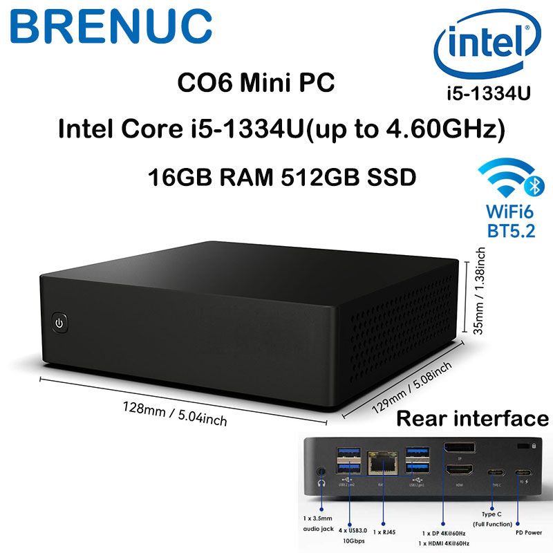 BRENUC Мини-ПК C06 (Intel Core i5-1334U, RAM 16 ГБ, SSD 512 ГБ, Intel Iris Xe Graphics, Windows 11 Pro), черный