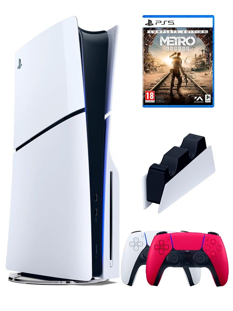 PS5 (ПС5) Игровая приставка Sony PlayStation 5 Slim +2-й геймпад(красный)+зарядное+игра Metro, 1000ГБ