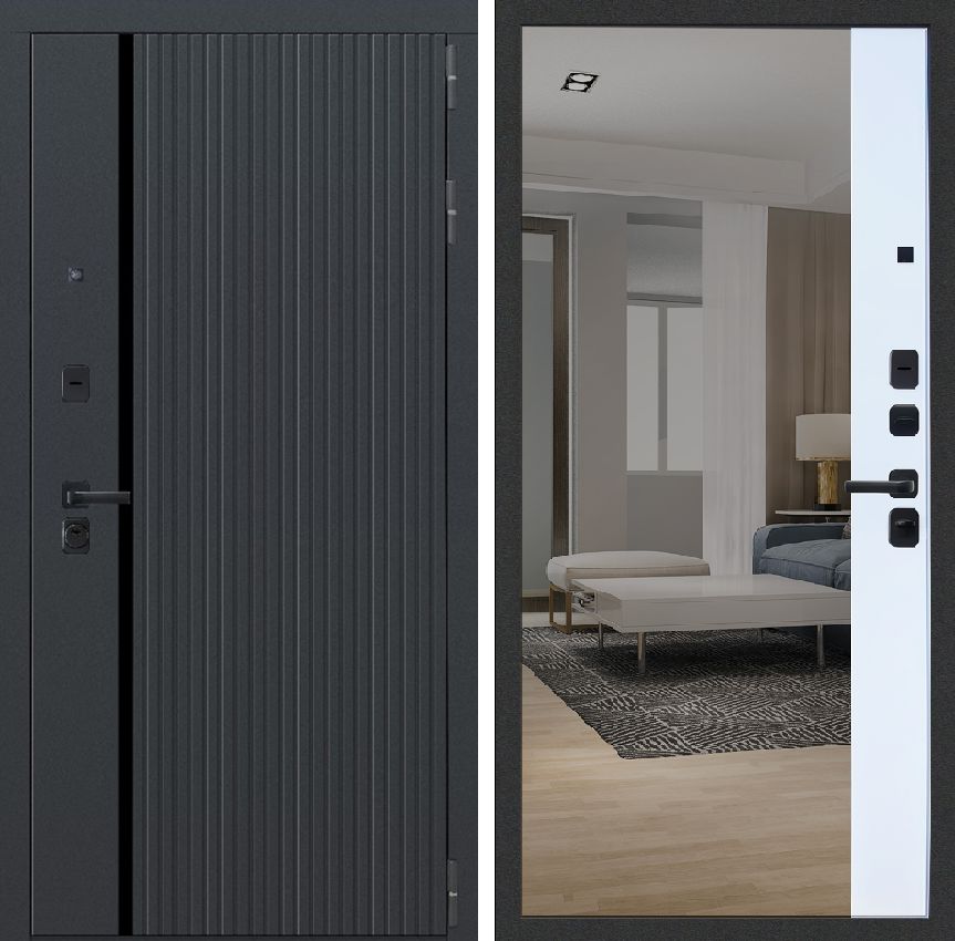 Дверь стальная Эталон Б-11 (зеркало) Черная шагрень/Черный муар-Velluto Bianco 960 правая