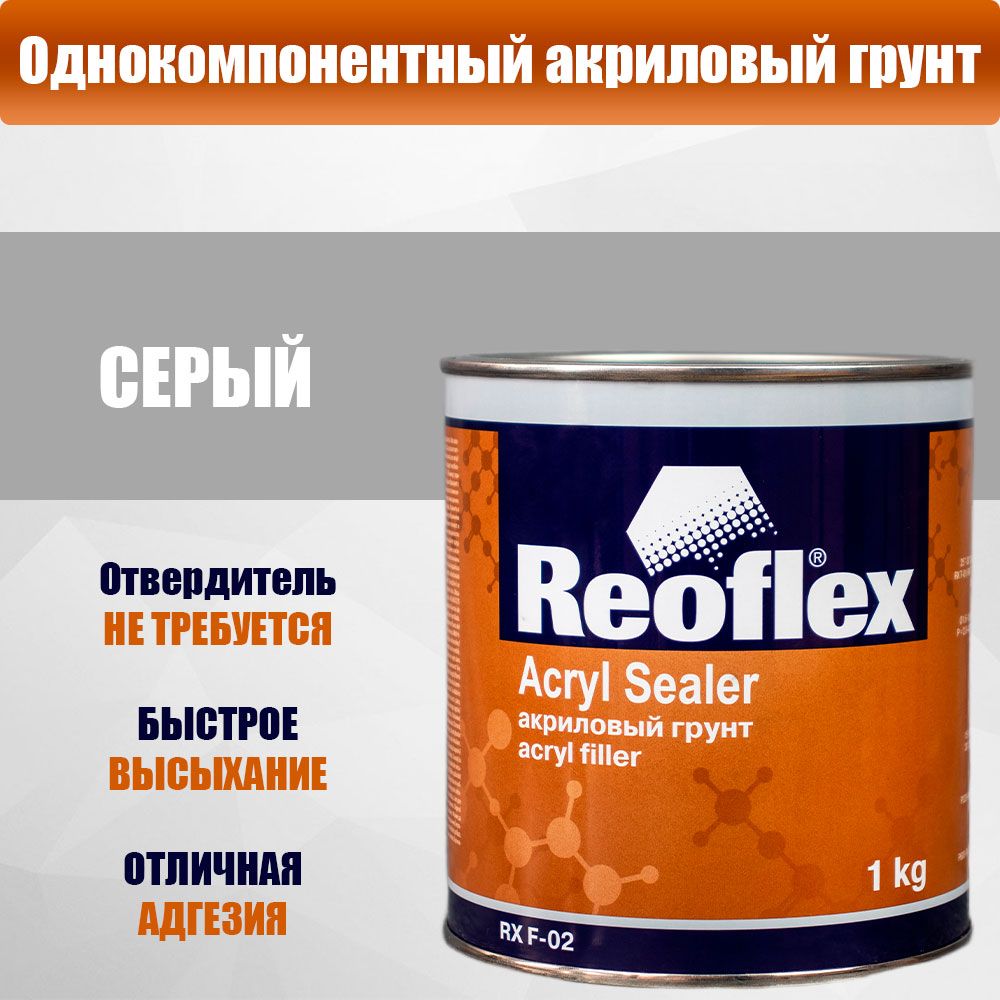 Грунт автомобильный акриловый однокомпонентный REOFLEX 1K ACRYL (1кг) серый наполнитель быстросохнущий (20 минут при 25С)