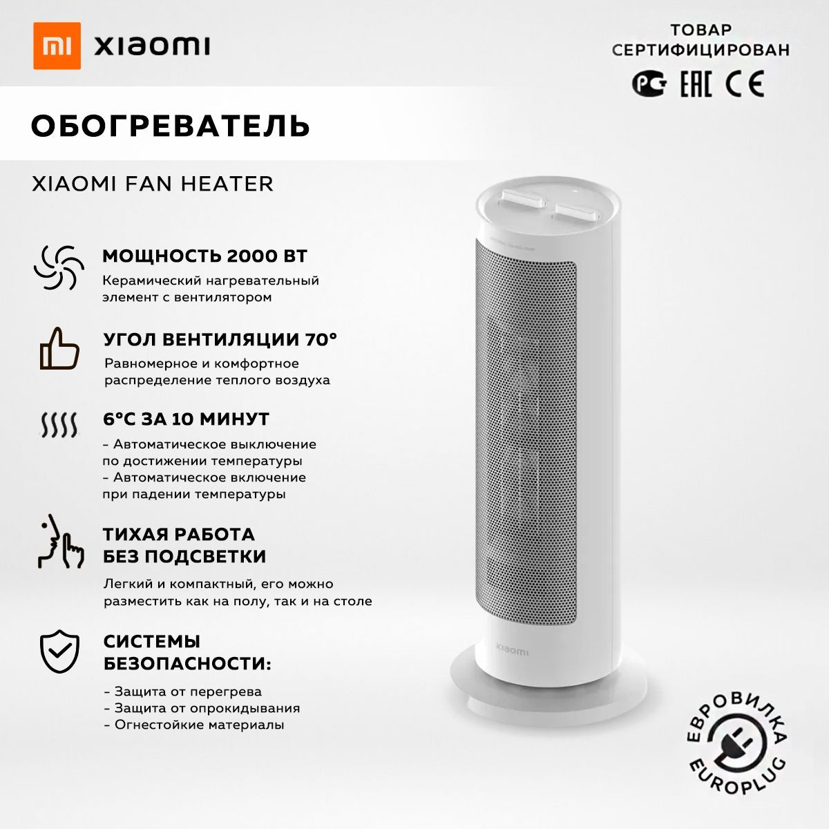 ОбогревательдлядомаXiaomiFanHeater,белый/EUмодель:BHR8228EU(LSNFJ03ZMEU)глобальнаяверсия