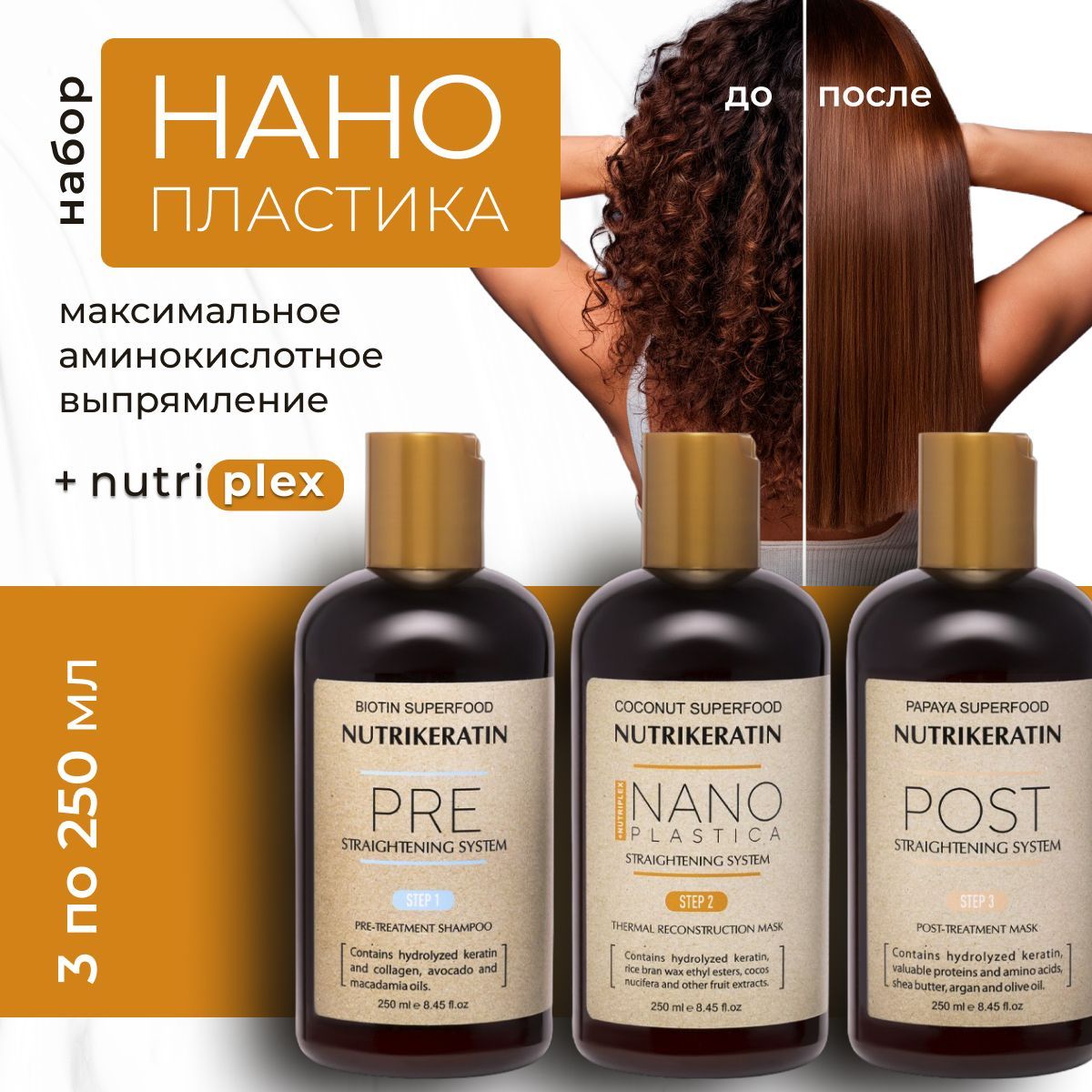 Нанопластика для волос выпрямление профессиональный набор Nutrikeratin NANOPLASTICA, 3 по 250 мл