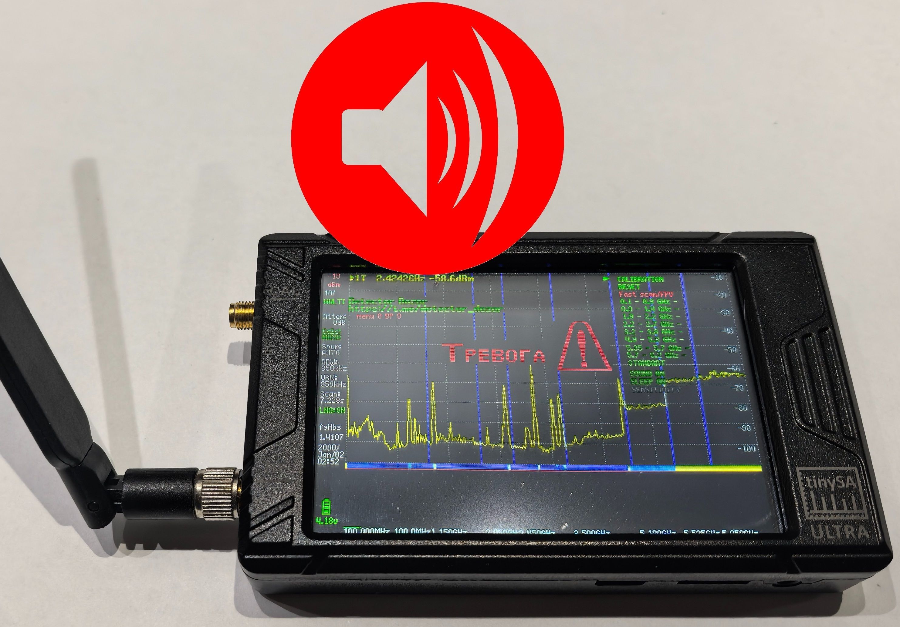 Портативный всенаправленный детектор дронов/БПЛА ДОЗОР 1.4 на базе TinySA ULTRA