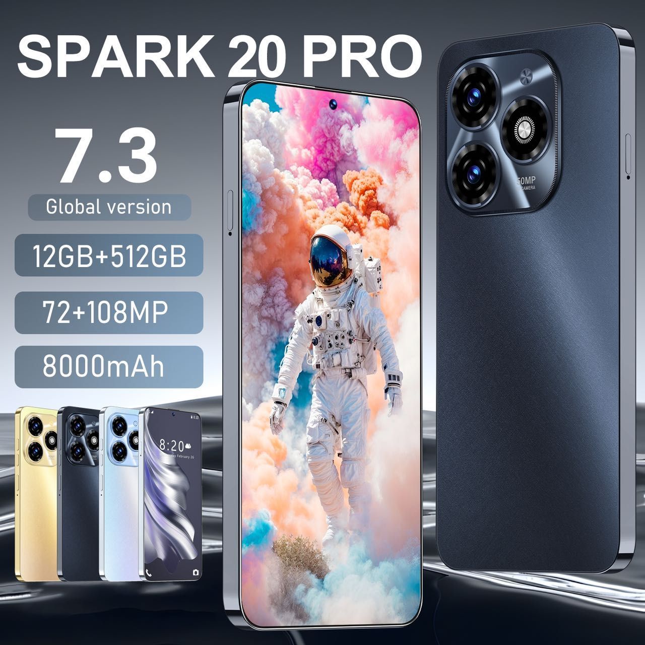 AstarryСмартфонРождественскийподарок！Spark20Proимеетбольшойэкрансдиагональю7,3дюйма,аотпечатокпальцаразблокирован!Поддержкасети5G!Android14！Длительноевремяавтономнойработы8000мАч!СуперкрасивыйдизайнстремяGlobal12/512ГБ,черный