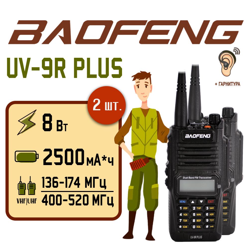 Портативная радиостанция Baofeng UV-9R Plus 8 Вт, черная комплект 2 шт