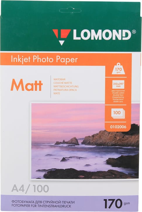 0102006бумагаLOMOND(A4,170гр,100л)PhotoМатовая/Матовая