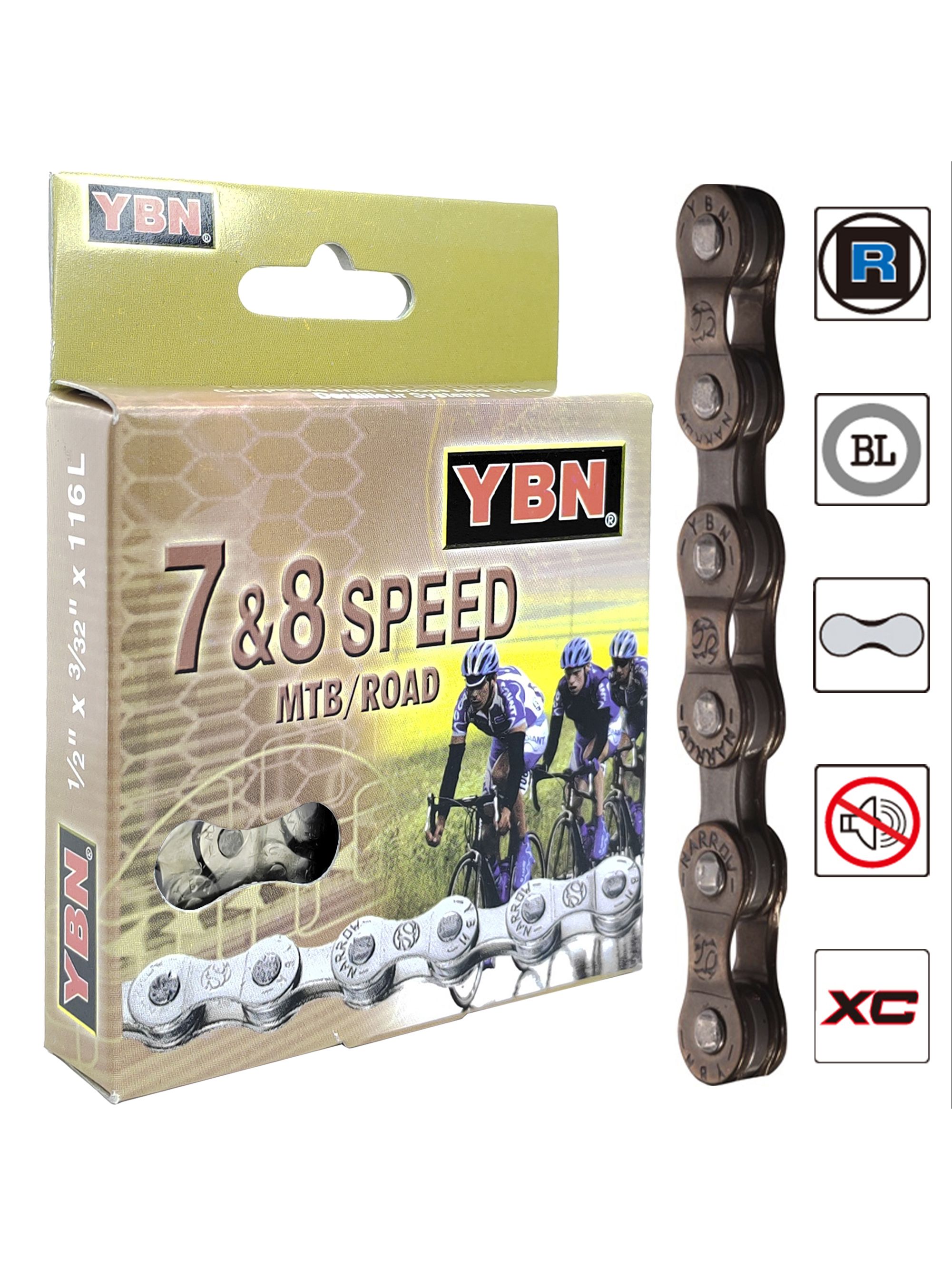 YBN Цепь для велосипеда S52, 1/2"x3/32", 116 звеньев, 7/8 скоростей, соединение пин — Товары для велоспорта — фото 4