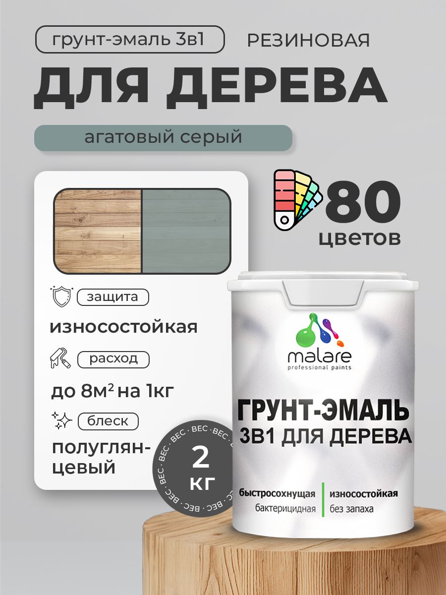 Латексная Грунт-Эмаль 3 в 1 Malare для деревянных поверхностей с антисептическим эффектом, быстросохнущая моющаяся без запаха полуглянцевая, агатовый серый, 2 кг