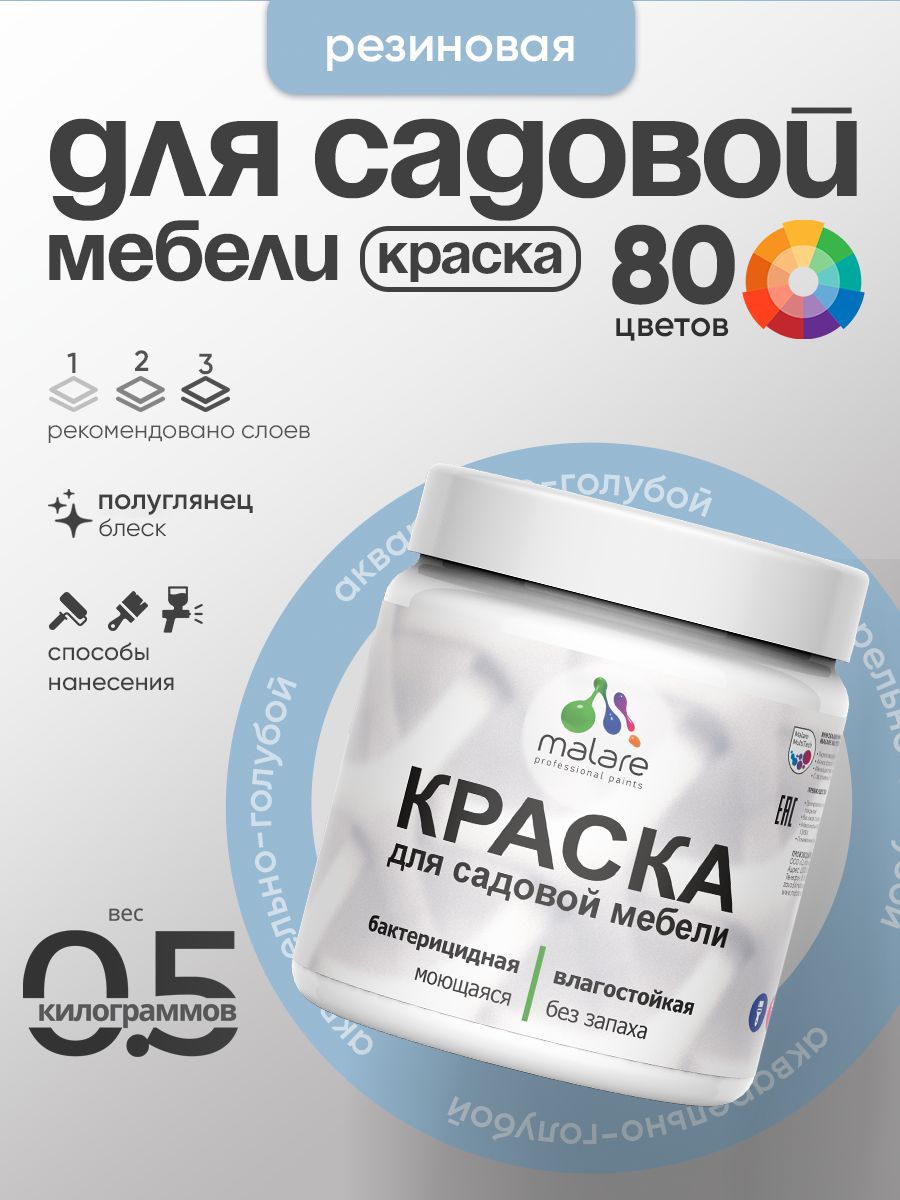 Резиновая краска Malare для садовой мебели/ по дереву, для наружных и внутренних работ/ быстросохнущая моющаяся без запаха полуглянцевая, акварельно-голубой, 0.5 кг