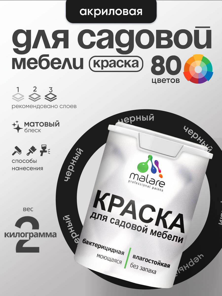 Акриловая краска Malare для садовой мебели/ по дереву, для наружных и внутренних работ/ быстросохнущая моющаяся без запаха матовая, черный, 2 кг