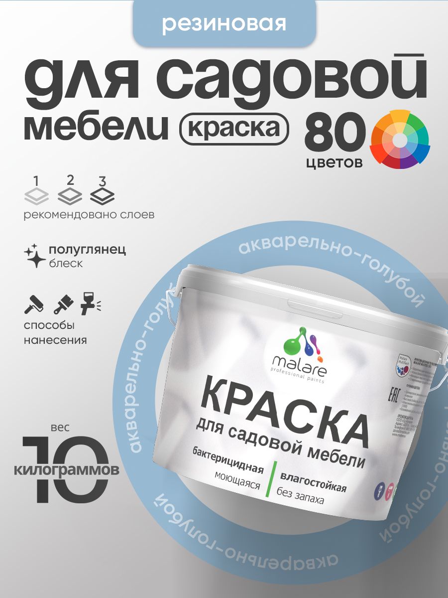 Резиновая краска Malare для садовой мебели/ по дереву, для наружных и внутренних работ/ быстросохнущая моющаяся без запаха полуглянцевая, акварельно-голубой, 10 кг