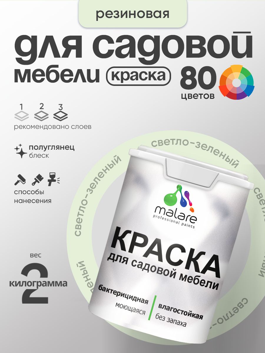 Резиновая краска Malare для садовой мебели/ по дереву, для наружных и внутренних работ/ быстросохнущая моющаяся без запаха полуглянцевая, светло-зеленый, 2 кг