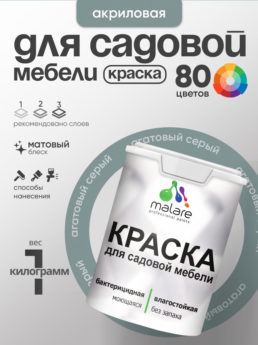 Акриловая краска Malare для садовой мебели/ по дереву, для наружных и внутренних работ/ быстросохнущая моющаяся без запаха матовая, агатовый серый, 1 кг