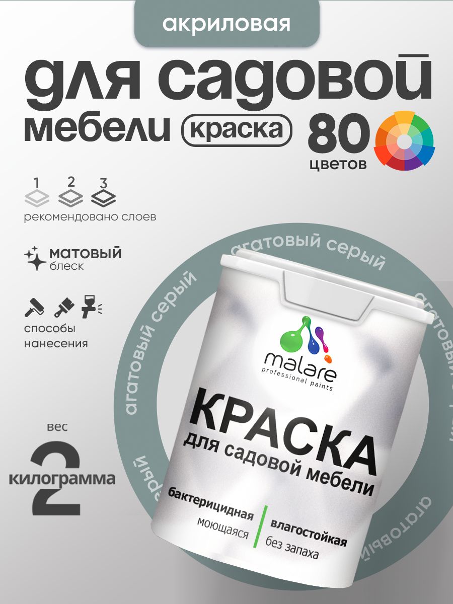 Акриловая краска Malare для садовой мебели/ по дереву, для наружных и внутренних работ/ быстросохнущая моющаяся без запаха матовая, агатовый серый, 2 кг