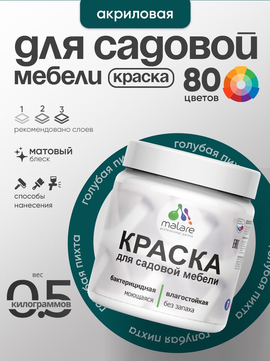 Акриловая краска Malare для садовой мебели/ по дереву, для наружных и внутренних работ/ быстросохнущая моющаяся без запаха матовая, голубая пихта, 0.5 кг