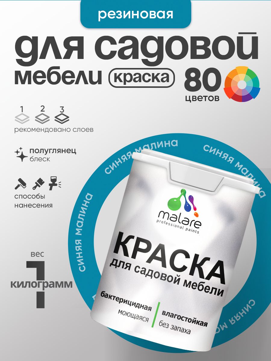 Резиновая краска Malare для садовой мебели/ по дереву, для наружных и внутренних работ/ быстросохнущая моющаяся без запаха полуглянцевая, синяя малина, 1 кг