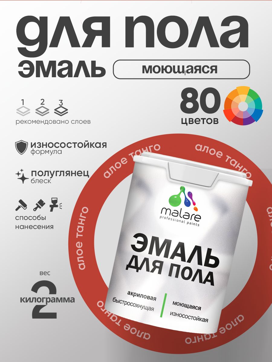 Эмаль для пола акриловая Malare краска для бетонных полов по дереву/ износостойкая без запаха, быстросохнущая моющаяся полуглянцевая, алое танго, 2 кг