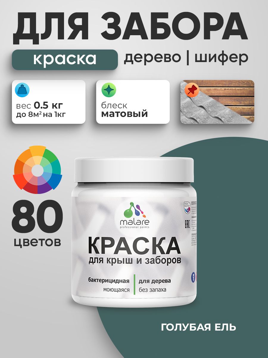 Резиновая краска Malare для деревянного забора/ по дереву для наружных и внутренних работ/ быстросохнущая моющаяся без запаха полуглянцевая, голубая ель, 0.5 кг.