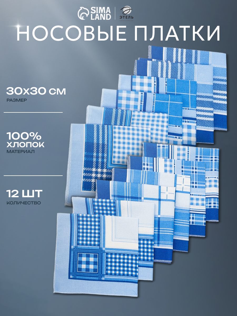 Носовые платки мужские, Хлопок, 30х30 см - 12 шт