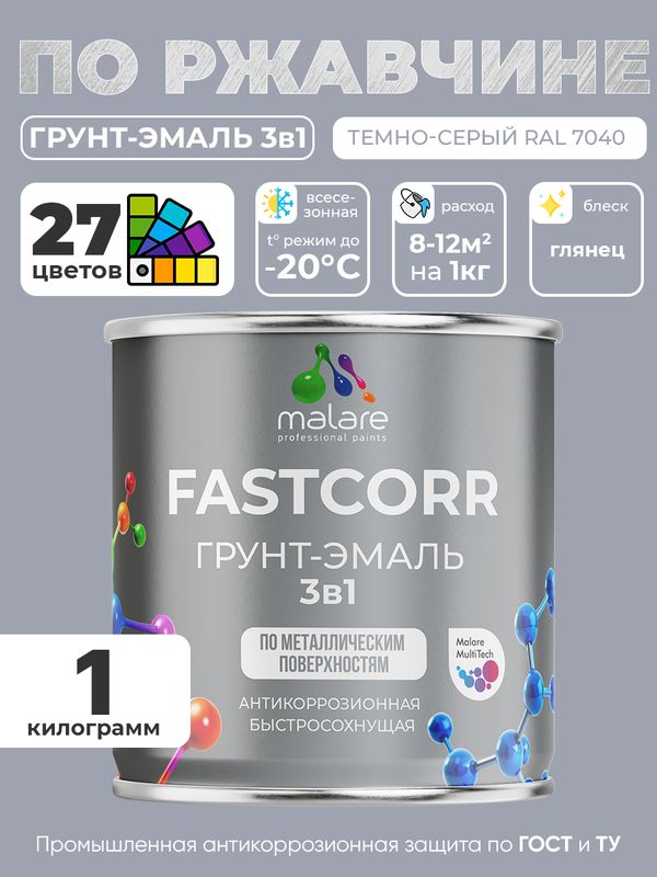 Грунт-эмаль по ржавчине 3 в 1 Malare FastCorr краска для металла, антикоррозионная износостойкая быстросохнущая RAL 7040, темно-серый, глянцевая, 1 кг.