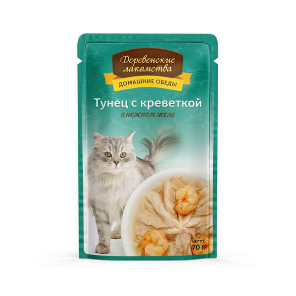 ДЕРЕВЕНСКИЕ ЛАКОМСТВА 70 г консервы для кошек тунец с креветкой в ...