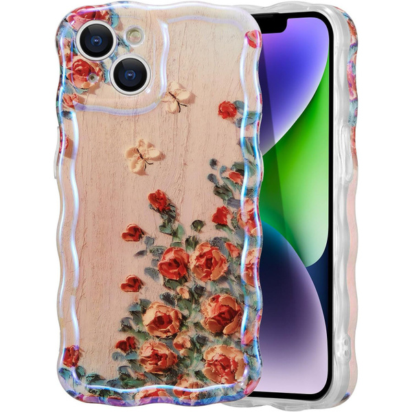 Чехол на iPhone 13 / 3D цветные масляные цветы/Дизайн волнистой рамки ...