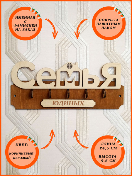 Ключница с фамилией настенная именная в прихожую (дом семьи) "Семья ...