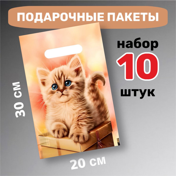 Подарочный пакет маленький детский "Котик на коробке", 20*30см, 30 мкм ...