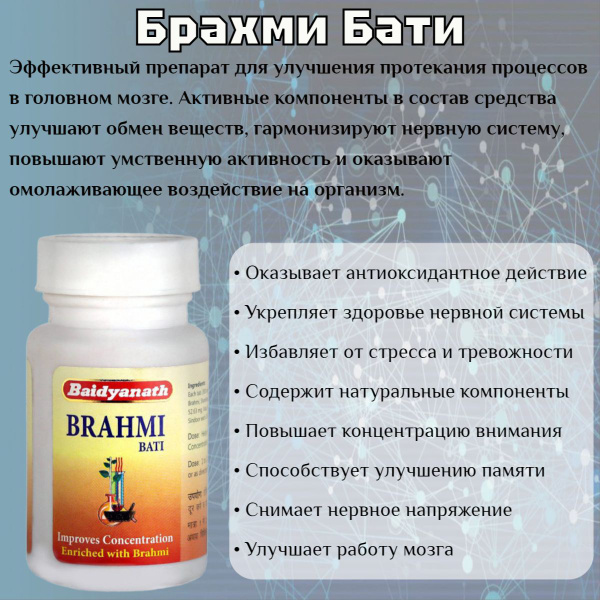 Брахми Бати Признанный мозговой тоник (Brahmi Bati) Baidyanath, 80 ...