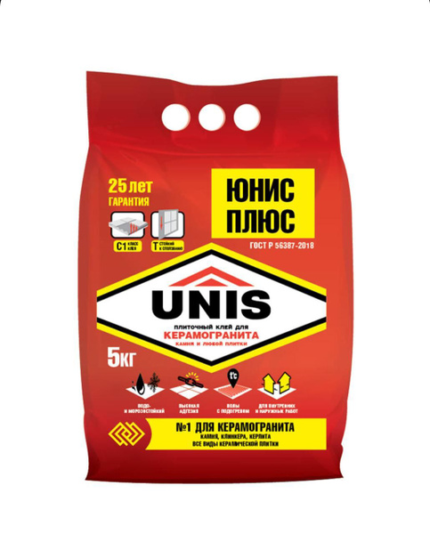 Unis Плюс клей для плитки, керамогранита и камня, класс С1 T, (5 кг ...