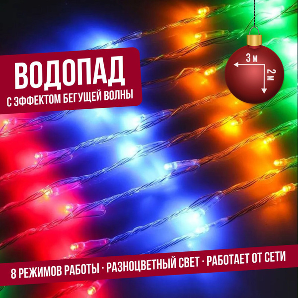 Гирлянда светодиодная "ВОДОПАД" штора дождь занавес (бегущие огни) 3 х ...