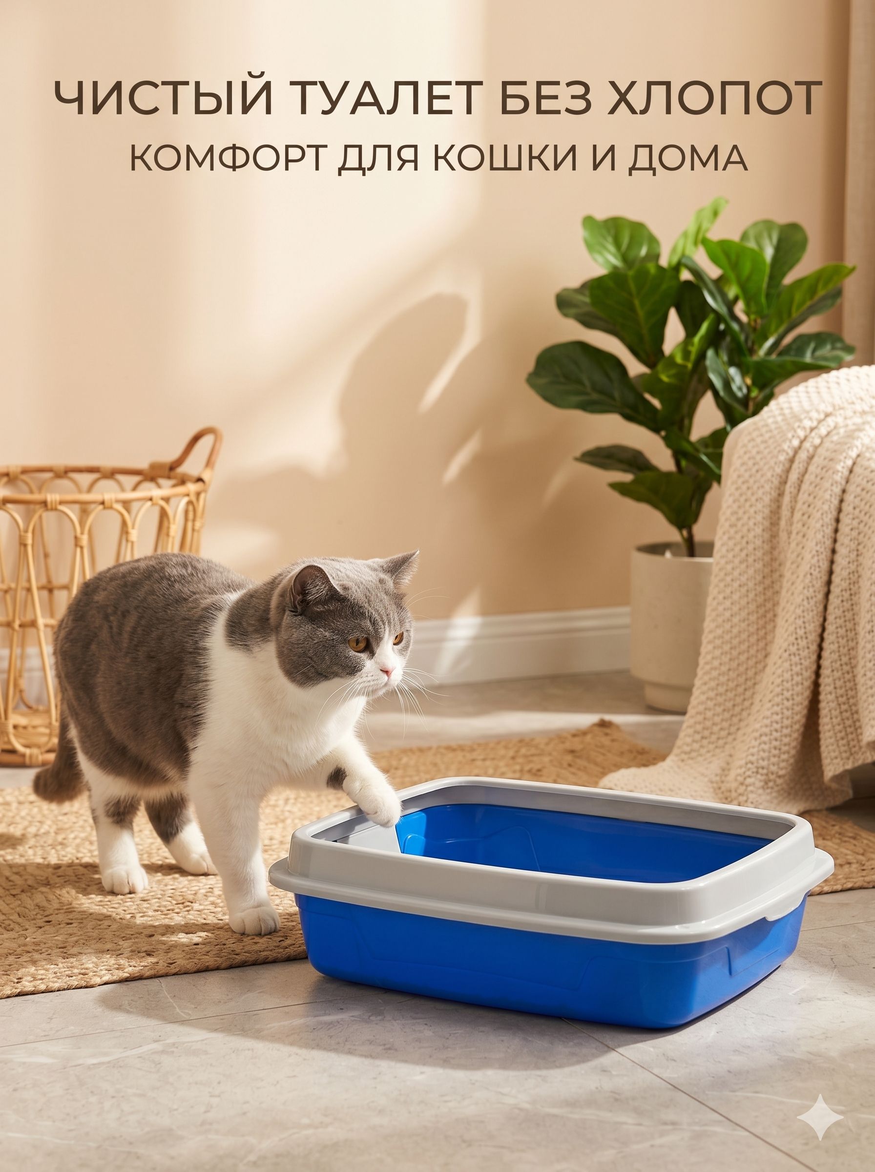 Лоток для кошек большой, с бортом, 45х34х10 см, с сеткой, глубокий
