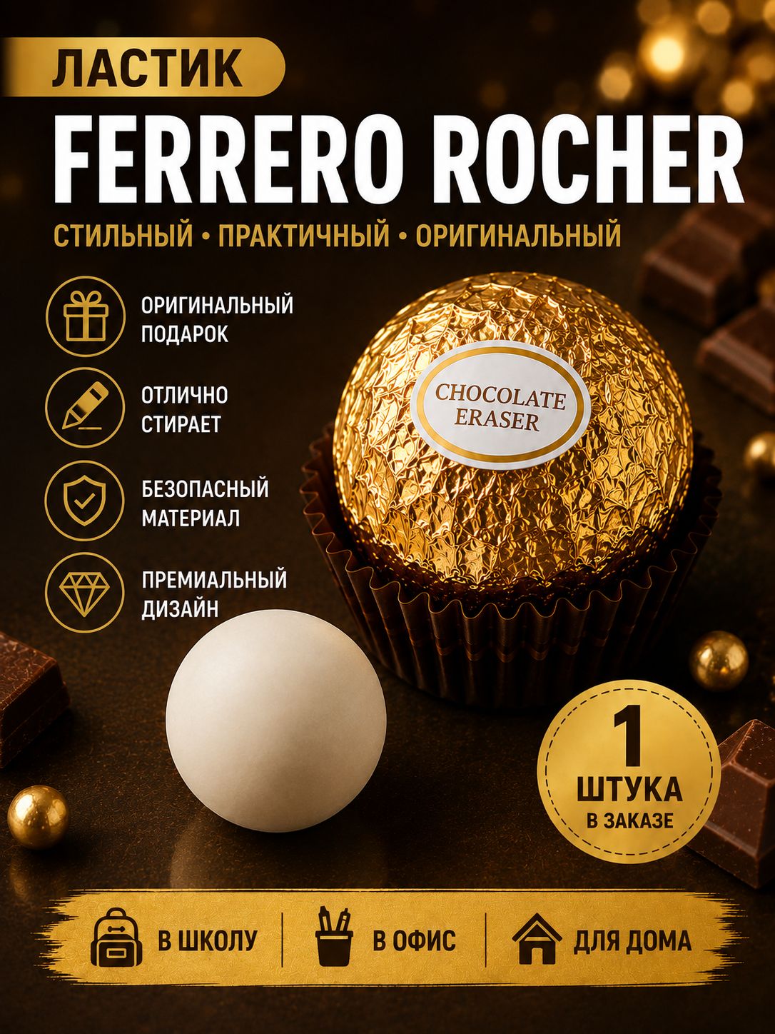 Главный баннер. Ластик-шар в виде шоколадной конфеты, 1 шт.