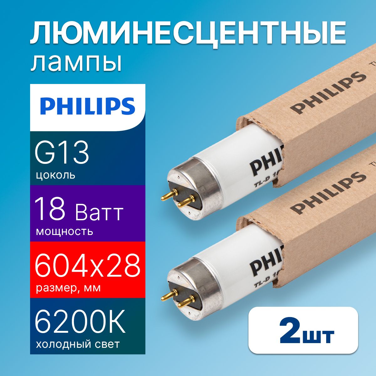 Лампочкалюминесцентная60смTL-D18W/54-76518ВтT86200КG13PHILIPS9280473054512штуки