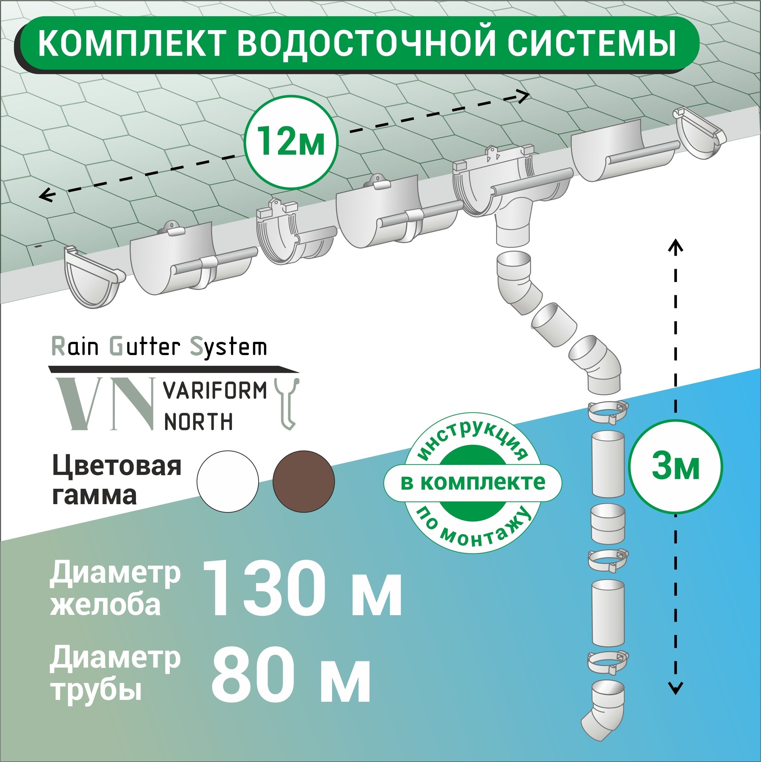 Комплект водосточной системы ПВХ G130/80, до 12 м,белый